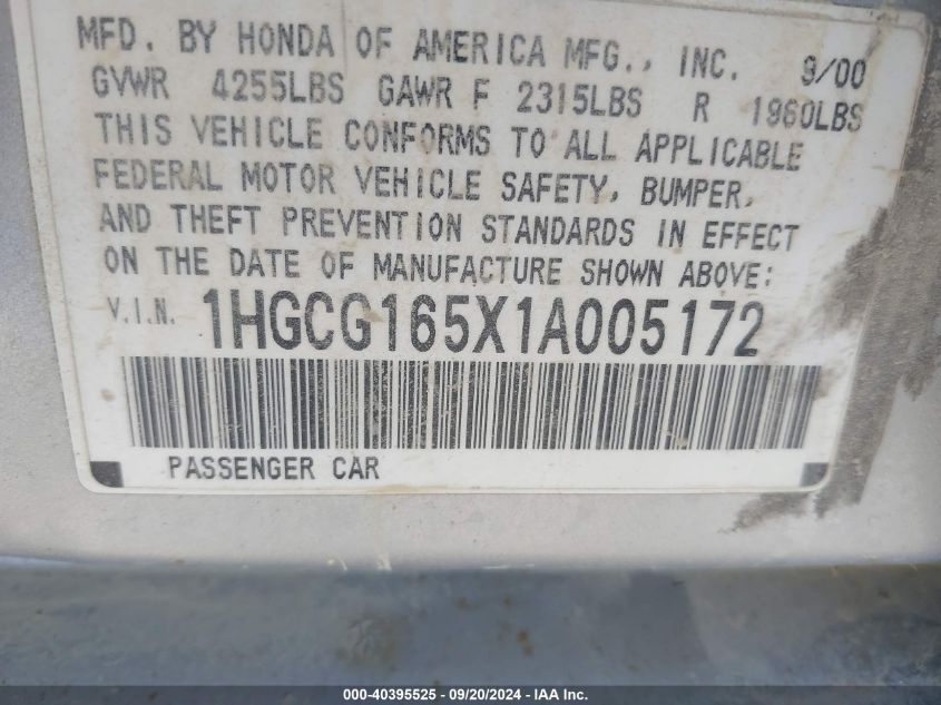 1HGCG165X1A005172 2001 Honda Accord 3.0 Ex