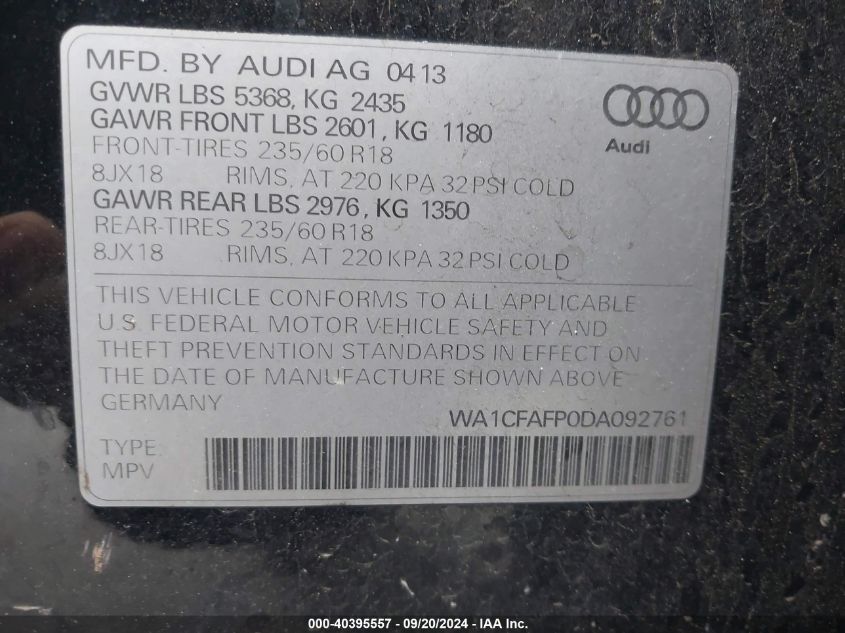 2013 Audi Q5 2.0T Premium VIN: WA1CFAFP0DA092761 Lot: 40395557