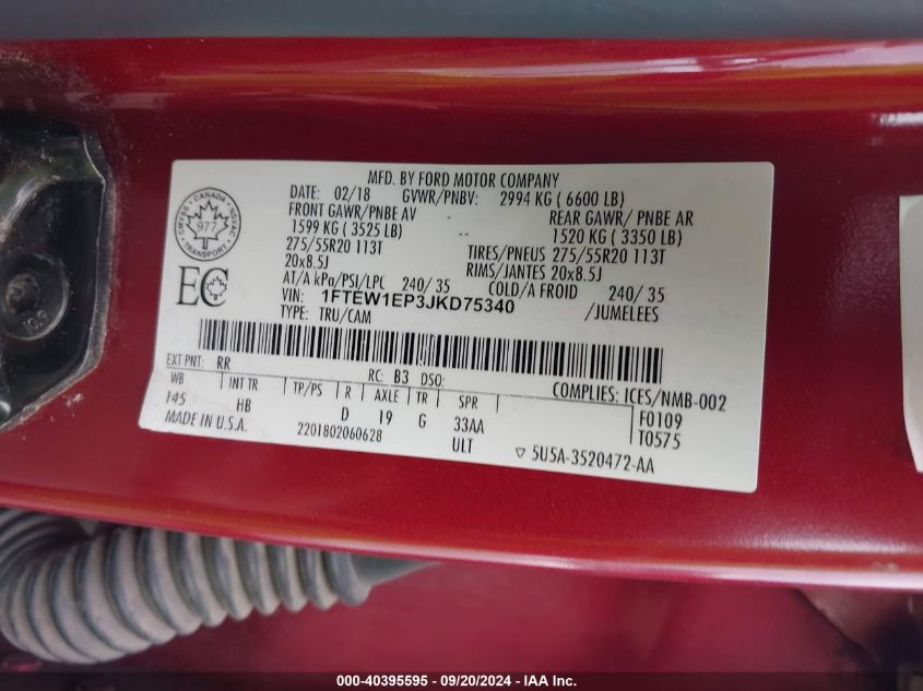 2018 Ford F-150 Lariat VIN: 1FTEW1EP3JKD75340 Lot: 40395595