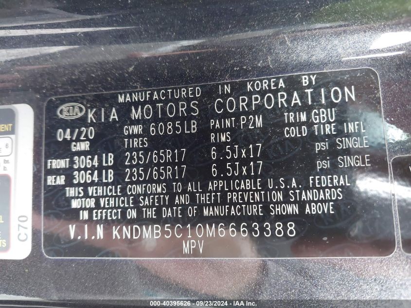 2021 Kia Sedona Lx/Ex VIN: KNDMB5C10M6663388 Lot: 40395626