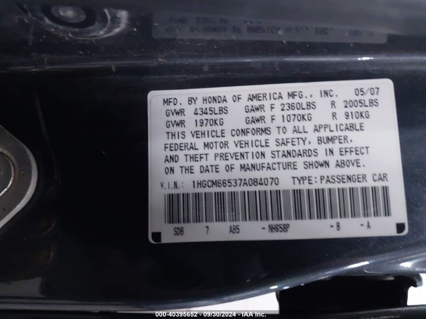 1HGCM66537A084070 2007 Honda Accord 3.0 Ex