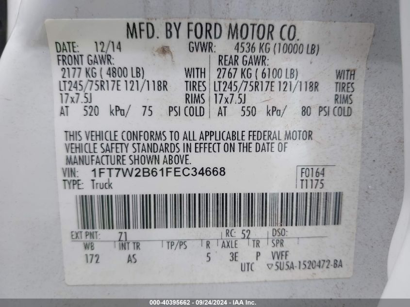 2015 Ford F-250 Xl VIN: 1FT7W2B61FEC34668 Lot: 40395662