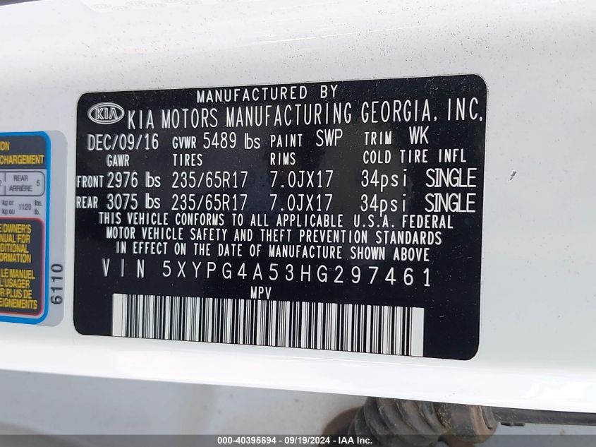 2017 KIA SORENTO 3.3L LX - 5XYPG4A53HG297461