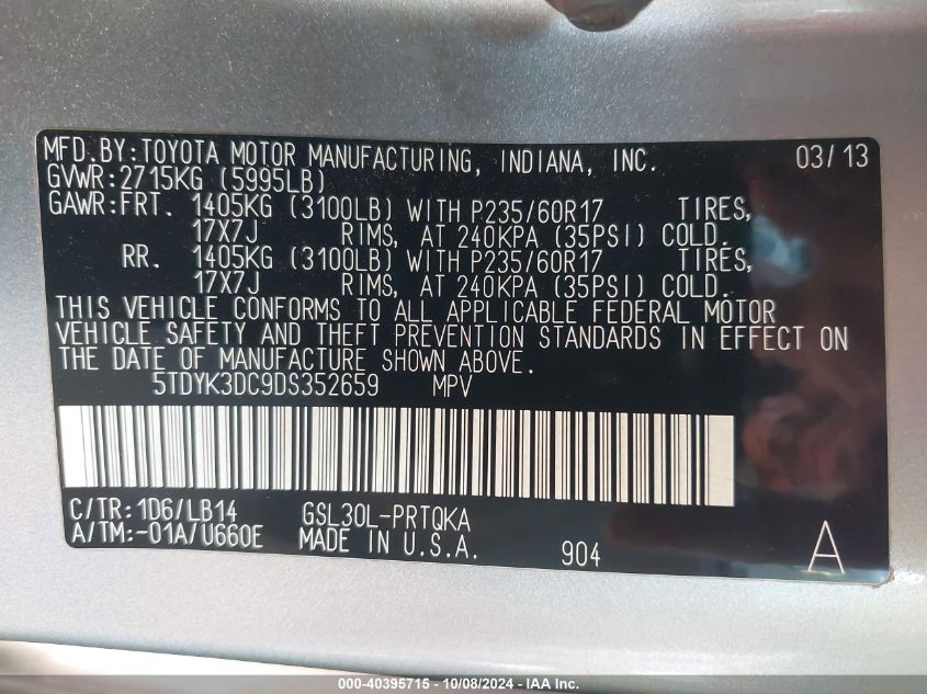 5TDYK3DC9DS352659 2013 Toyota Sienna Xle V6 8 Passenger