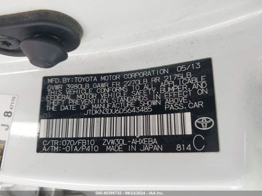 2013 Toyota Prius Two VIN: JTDKN3DU6D5643485 Lot: 40395732