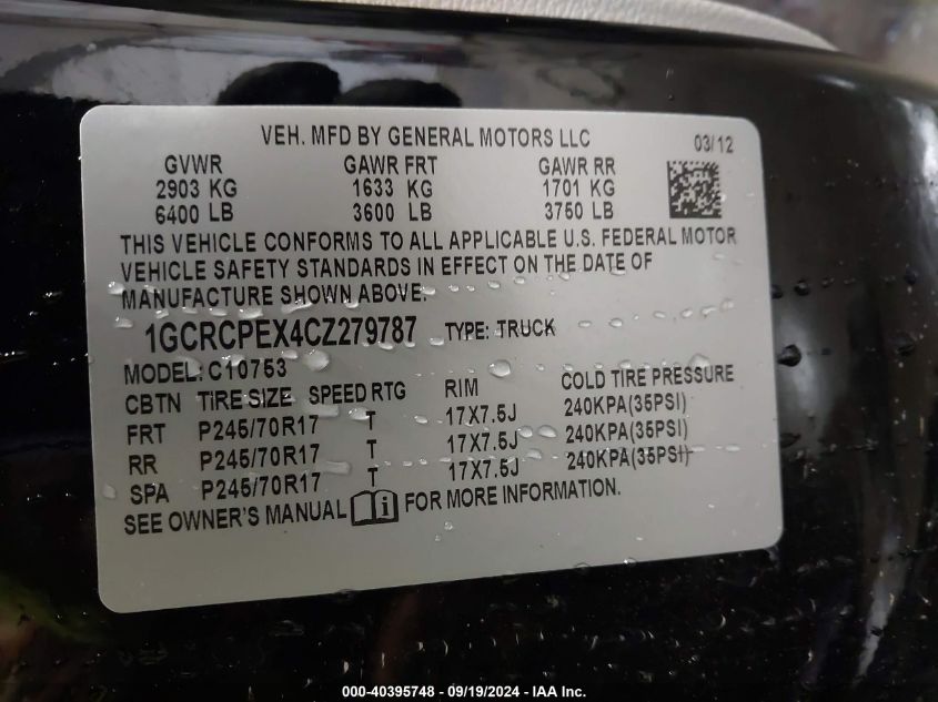 1GCRCPEX4CZ279787 2012 Chevrolet Silverado 1500 Work Truck