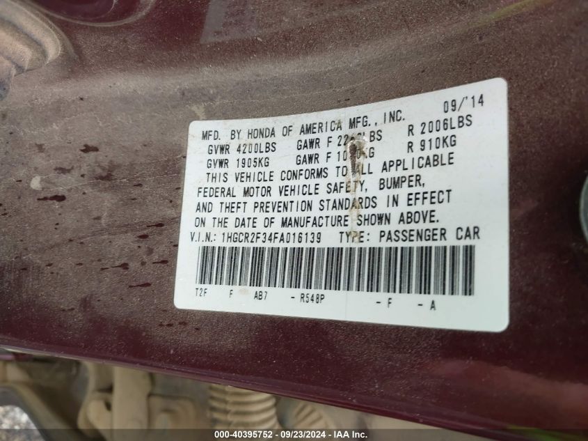 1HGCR2F34FA016139 2015 Honda Accord Lx