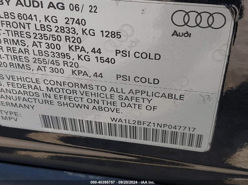 2022 Audi Q4 E-Tron Premium Plus 50 Quattro VIN: WA1L2BFZ1NP047717 Lot: 40395757