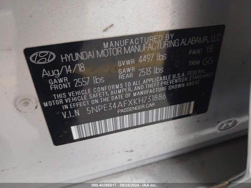 5NPE34AFXKH731886 2019 Hyundai Sonata Limited/Sel/Sport