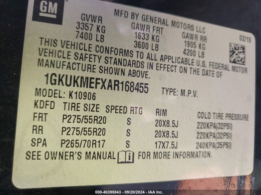 2010 GMC Yukon Xl 1500 Denali VIN: 1GKUKMEFXAR168455 Lot: 40395843