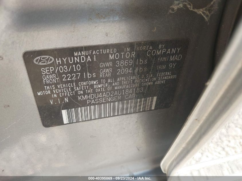 2010 Hyundai Elantra Gls VIN: KMHDU4AD2AU184183 Lot: 40395869