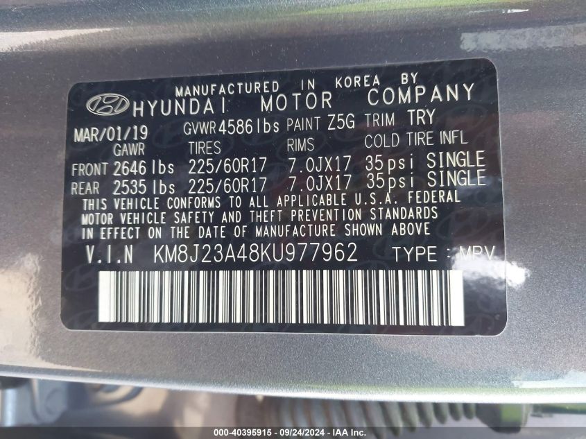 KM8J23A48KU977962 2019 Hyundai Tucson Se