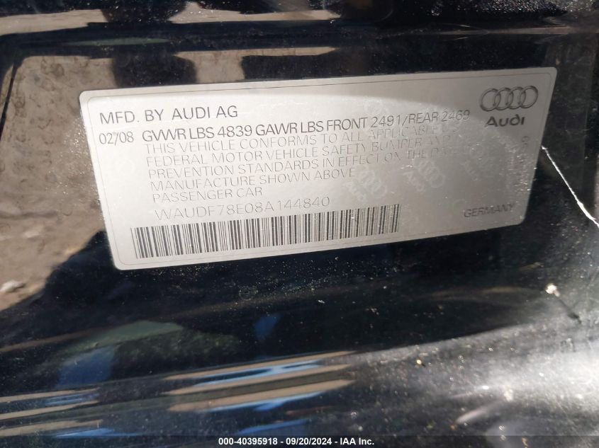 2008 Audi A4 2.0T/2.0T Special Edition VIN: WAUDF78E08A144840 Lot: 40395918