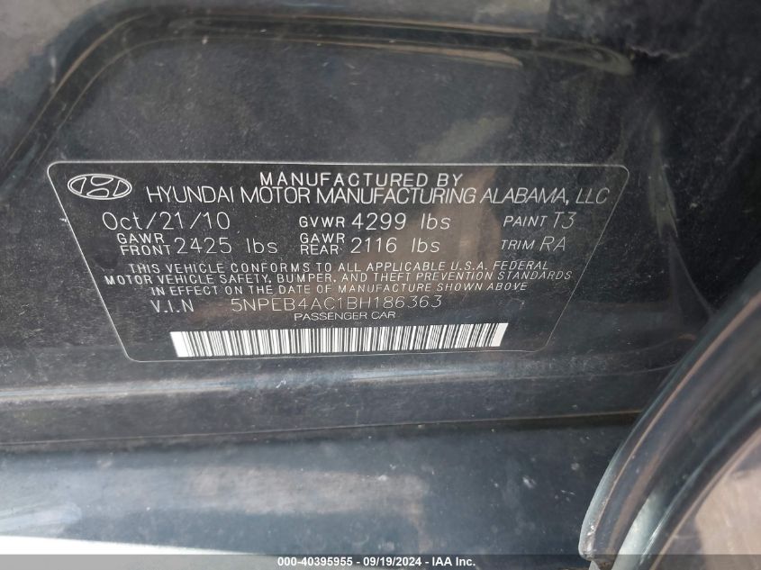 5NPEB4AC1BH186363 2011 Hyundai Sonata Gls