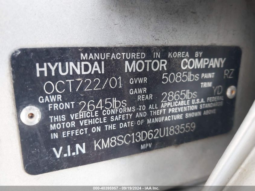 2002 Hyundai Santa Fe Gls/Lx VIN: KM8SC13D62U183559 Lot: 40395957