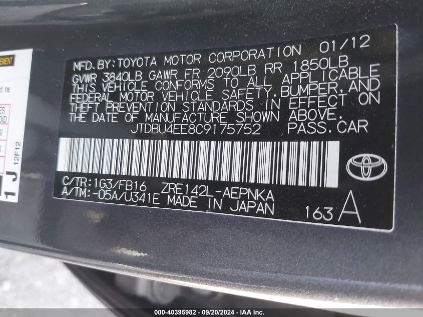 2012 Toyota Corolla Le VIN: JTDBU4EE8C9175752 Lot: 40395982