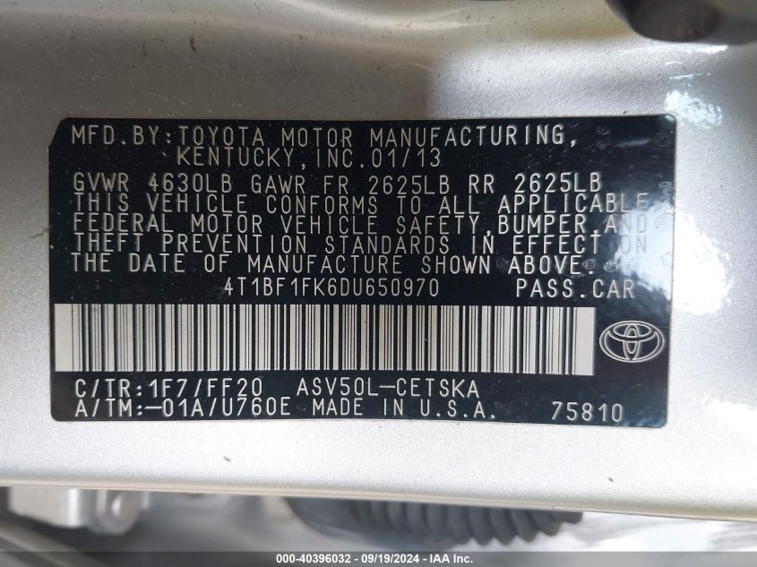 2013 Toyota Camry Se VIN: 4T1BF1FK6DU650970 Lot: 40396032