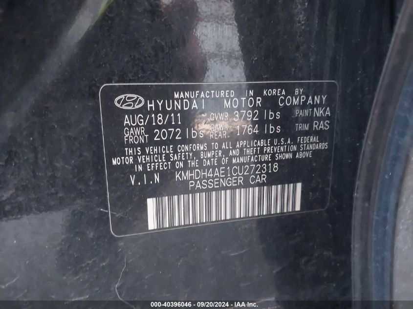 2012 Hyundai Elantra Limited (Ulsan Plant) VIN: KMHDH4AE1CU272318 Lot: 40396046