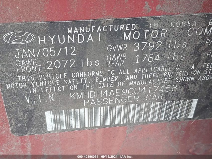 2012 Hyundai Elantra Gls (Ulsan Plant) VIN: KMHDH4AE9CU417458 Lot: 40396084