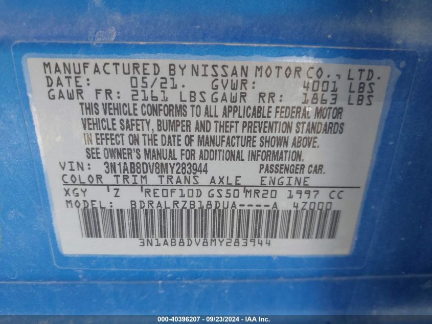 2021 Nissan Sentra Sr Xtronic Cvt VIN: 3N1AB8DV8MY283944 Lot: 40396207