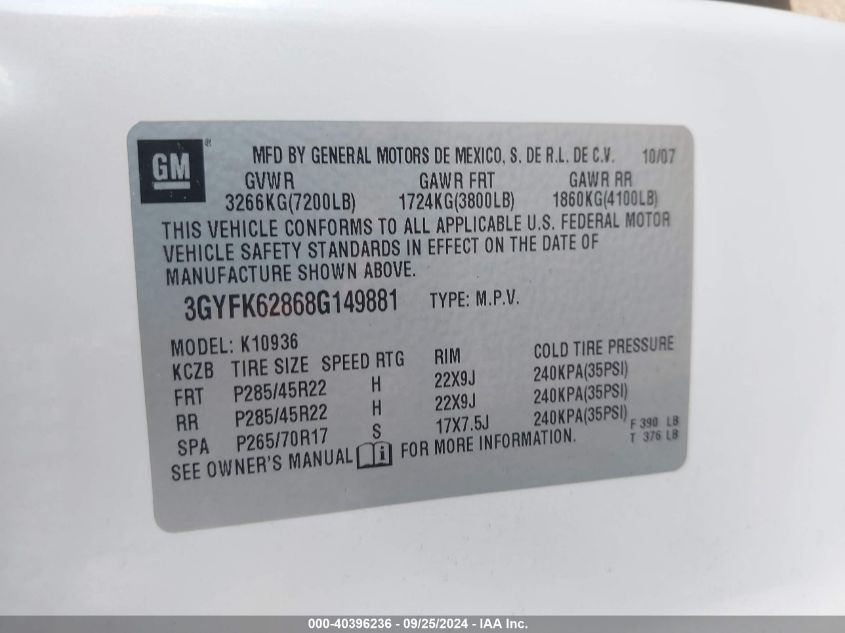 3GYFK62868G149881 2008 Cadillac Escalade Ext Standard