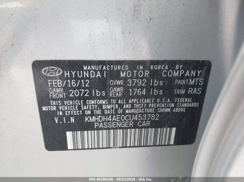 2012 Hyundai Elantra Gls (Ulsan Plant) VIN: KMHDH4AE0CU453782 Lot: 40396346