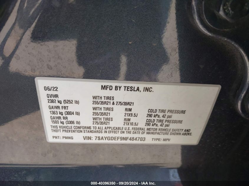 2022 Tesla Model Y Performance Dual Motor All-Wheel Drive VIN: 7SAYGDEF9NF484703 Lot: 40396350