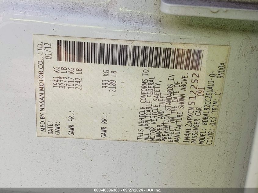 2012 Nissan Altima 2.5 S VIN: 1N4AL2APXCN512252 Lot: 40396383