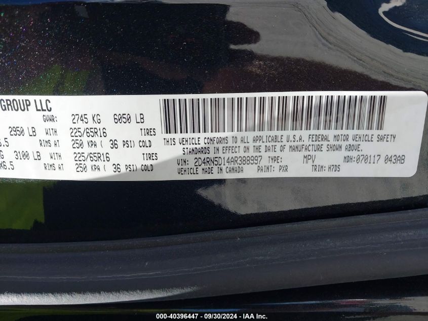 2010 Dodge Grand Caravan Sxt VIN: 2D4RN5D14AR388997 Lot: 40396447