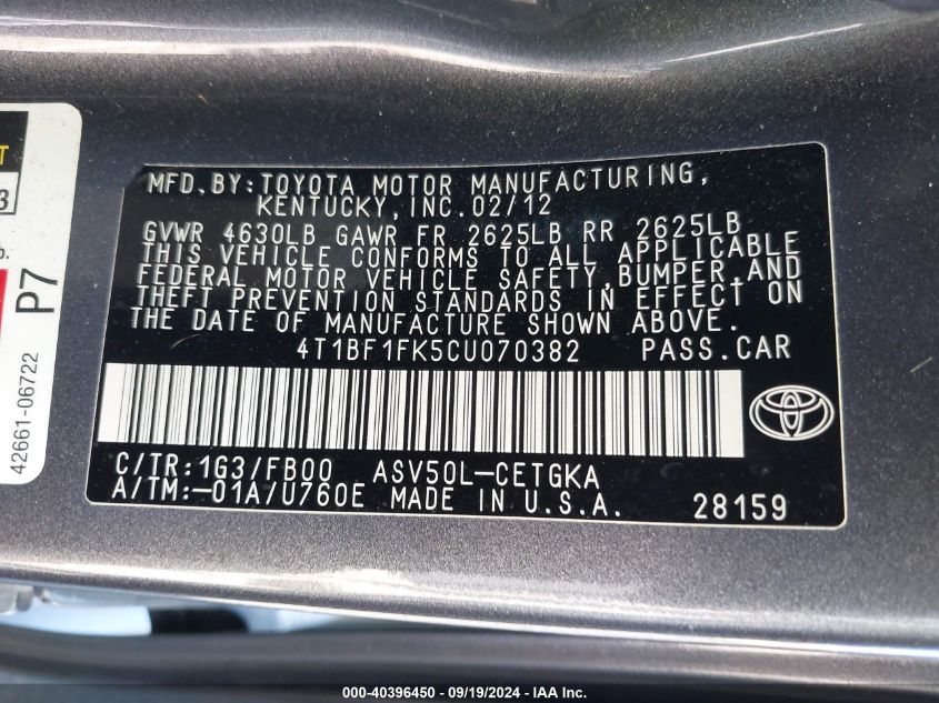 2012 Toyota Camry Xle VIN: 4T1BF1FK5CU070382 Lot: 40396450