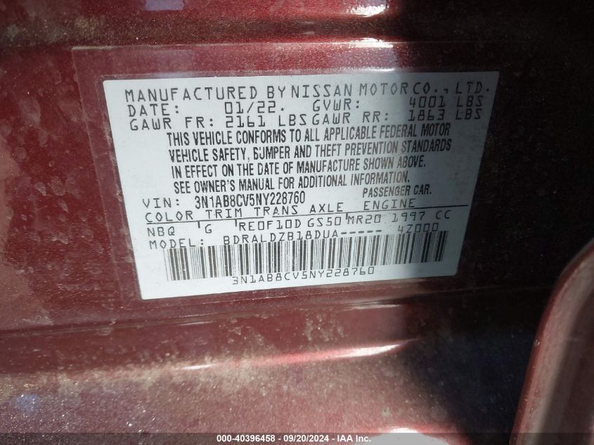 2022 Nissan Sentra Sv Xtronic Cvt VIN: 3N1AB8CV5NY228760 Lot: 40396458