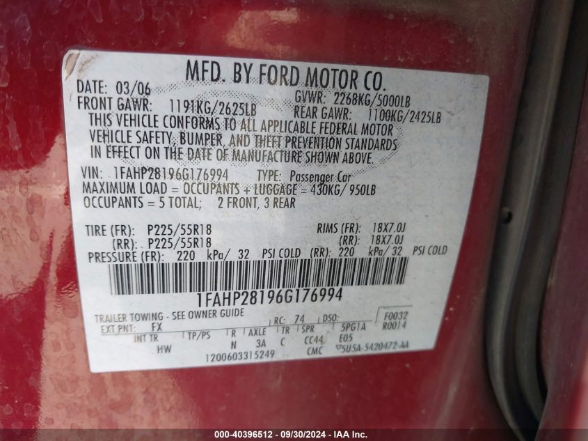 1FAHP28196G176994 2006 Ford Five Hundred Limited