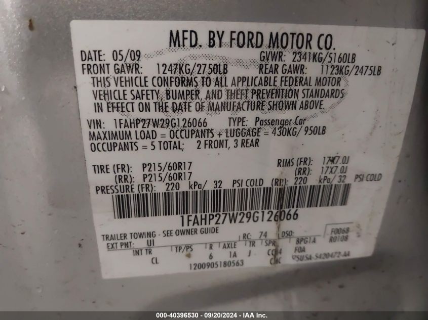 2009 Ford Taurus Sel VIN: 1FAHP27W29G126066 Lot: 40396530