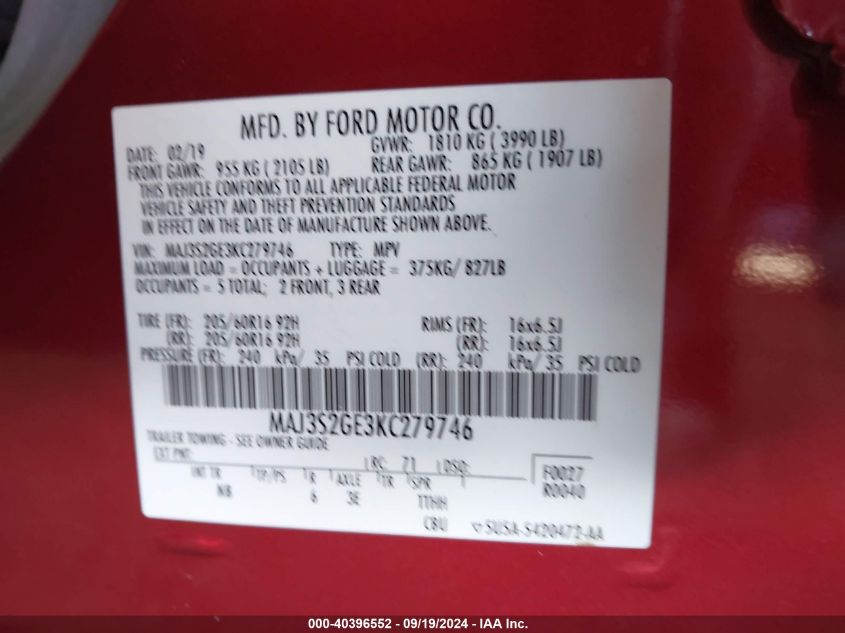 MAJ3S2GE3KC279746 2019 Ford Ecosport Se