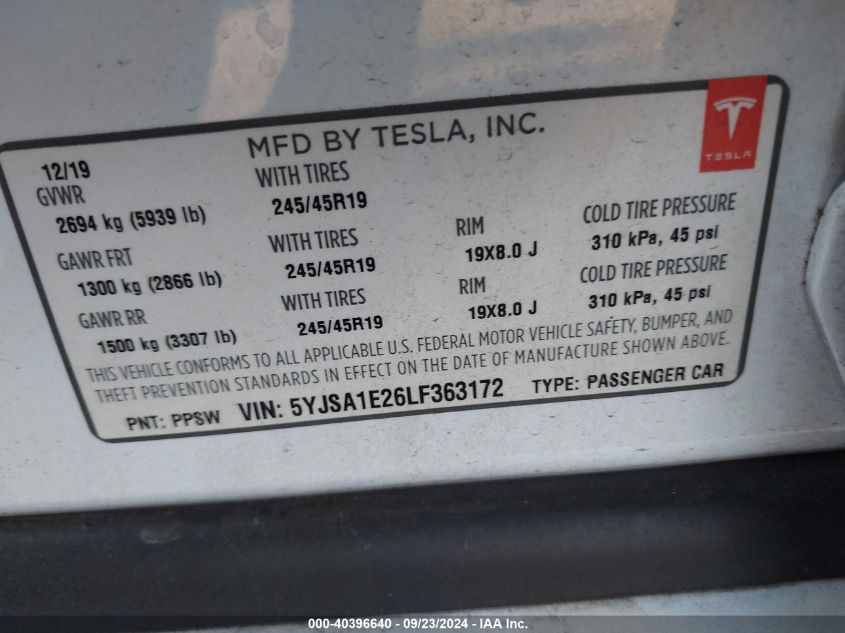 5YJSA1E26LF363172 2020 Tesla Model S Long Range Dual Motor All-Wheel Drive/Long Range Plus Dual Motor All-Wheel Drive