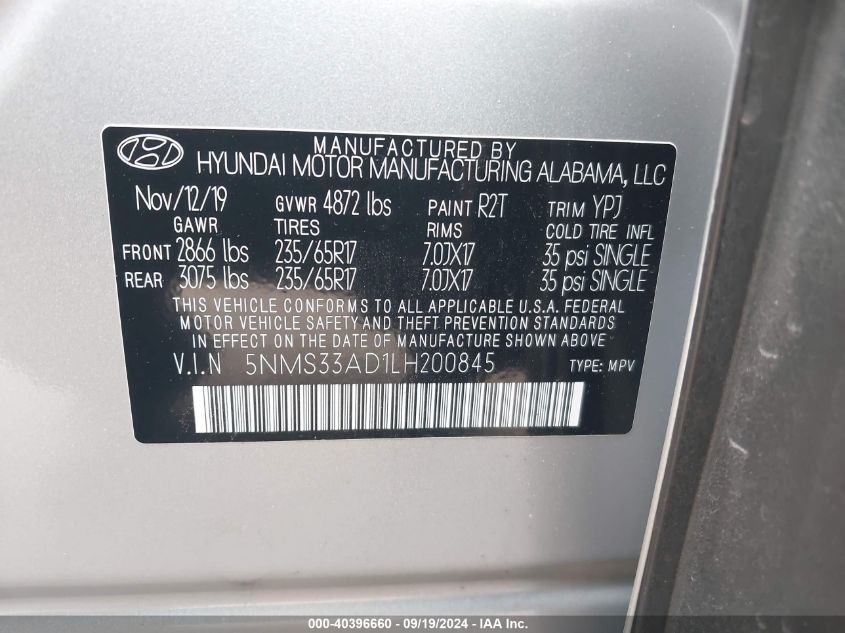 2020 Hyundai Santa Fe Sel VIN: 5NMS33AD1LH200845 Lot: 40396660