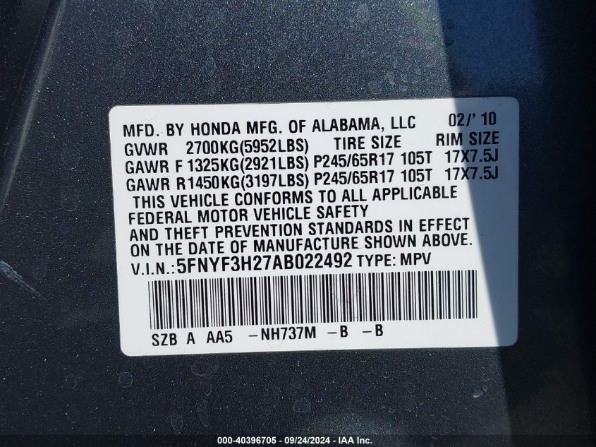 2010 Honda Pilot Lx VIN: 5FNYF3H27AB022492 Lot: 40396705