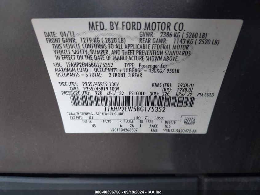 1FAHP2EW5BG175352 2011 Ford Taurus Sel