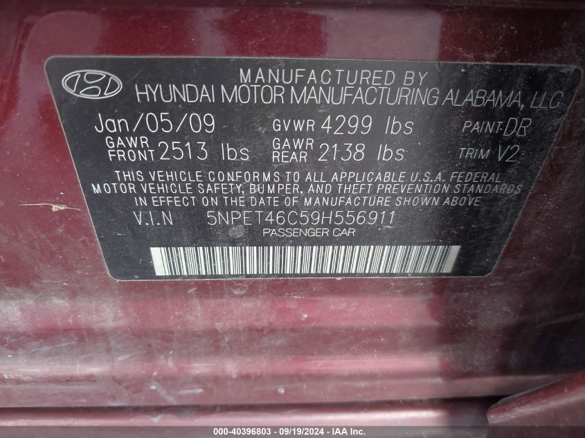 5NPET46C59H556911 2009 Hyundai Sonata Gls