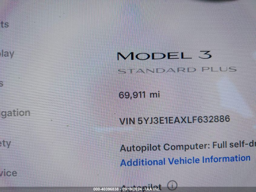 2020 Tesla Model 3 Standard Range Plus Rear-Wheel Drive/Standard Range Rear-Wheel Drive VIN: 5YJ3E1EAXLF632886 Lot: 40396838