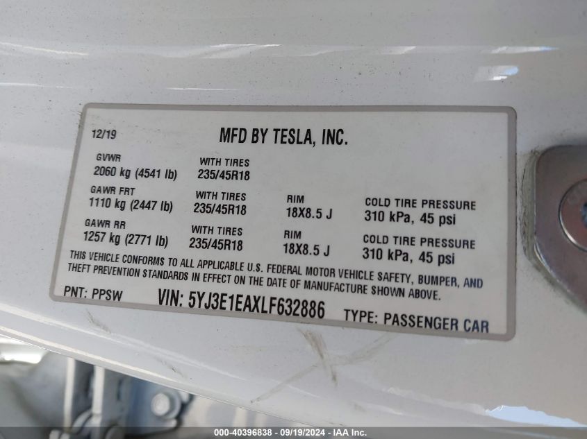 2020 Tesla Model 3 Standard Range Plus Rear-Wheel Drive/Standard Range Rear-Wheel Drive VIN: 5YJ3E1EAXLF632886 Lot: 40396838