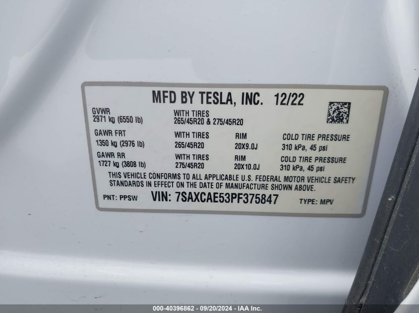 2023 Tesla Model X Dual Motor All-Wheel Drive/Standard Range VIN: 7SAXCAE53PF375847 Lot: 40396862