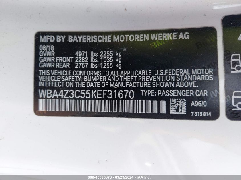 2019 BMW 430I xDrive VIN: WBA4Z3C55KEF31670 Lot: 40396878