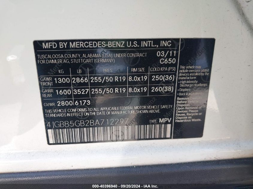 4JGBB5GB2BA712297 2011 Mercedes-Benz Ml 350