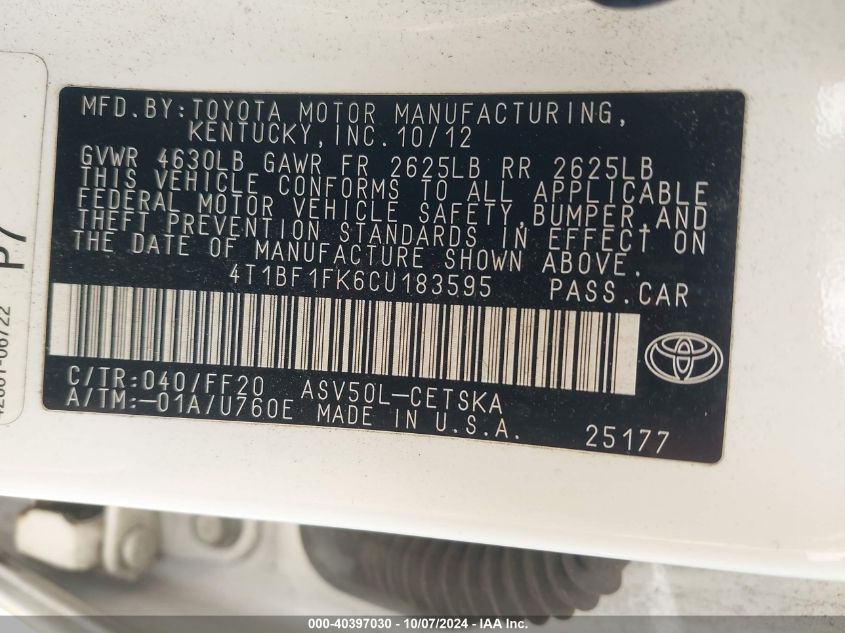 4T1BF1FK6CU183595 2012 Toyota Camry Se