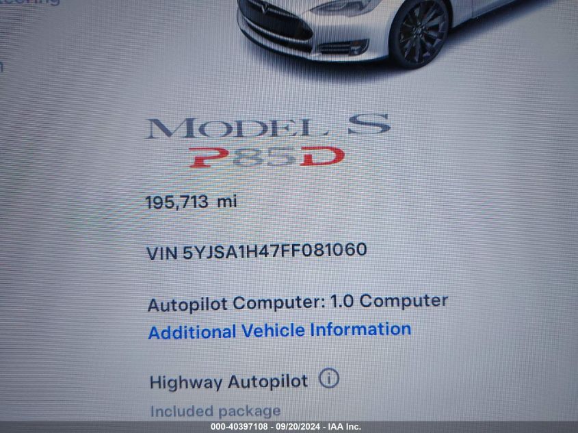 2015 Tesla Model S 85D/P85D VIN: 5YJSA1H47FF081060 Lot: 40397108