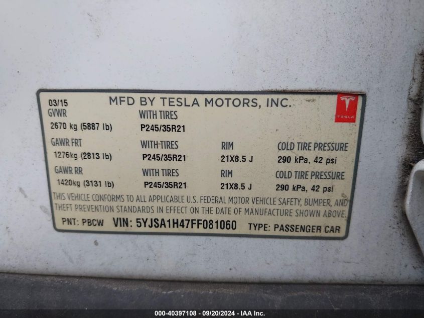 2015 Tesla Model S 85D/P85D VIN: 5YJSA1H47FF081060 Lot: 40397108