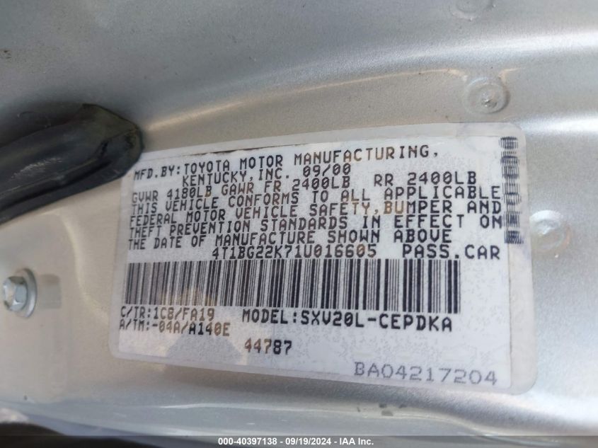 4T1BG22K71U016605 2001 Toyota Camry Ce