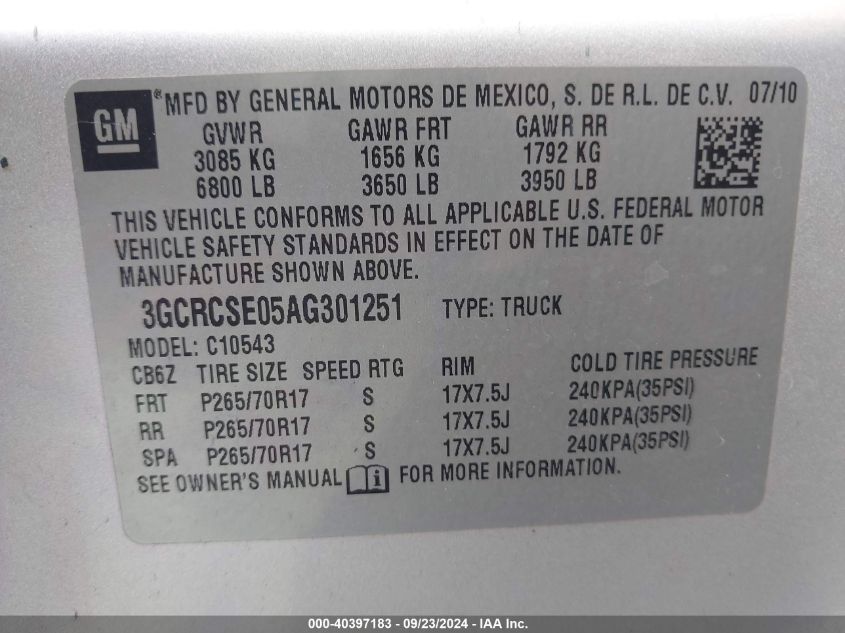 3GCRCSE05AG301251 2010 Chevrolet Silverado 1500 Lt