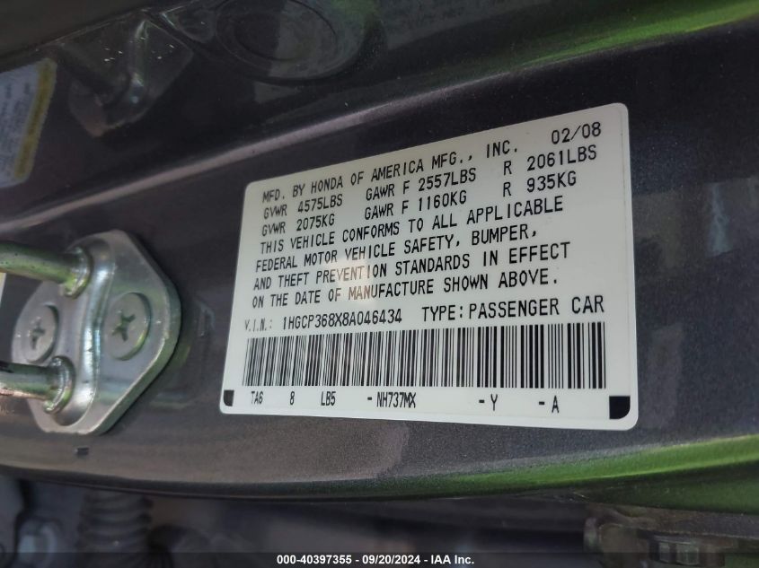 1HGCP368X8A046434 2008 Honda Accord 3.5 Ex-L